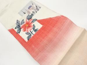 手織り真綿紬四角に花々・曲線模様織出し名古屋帯